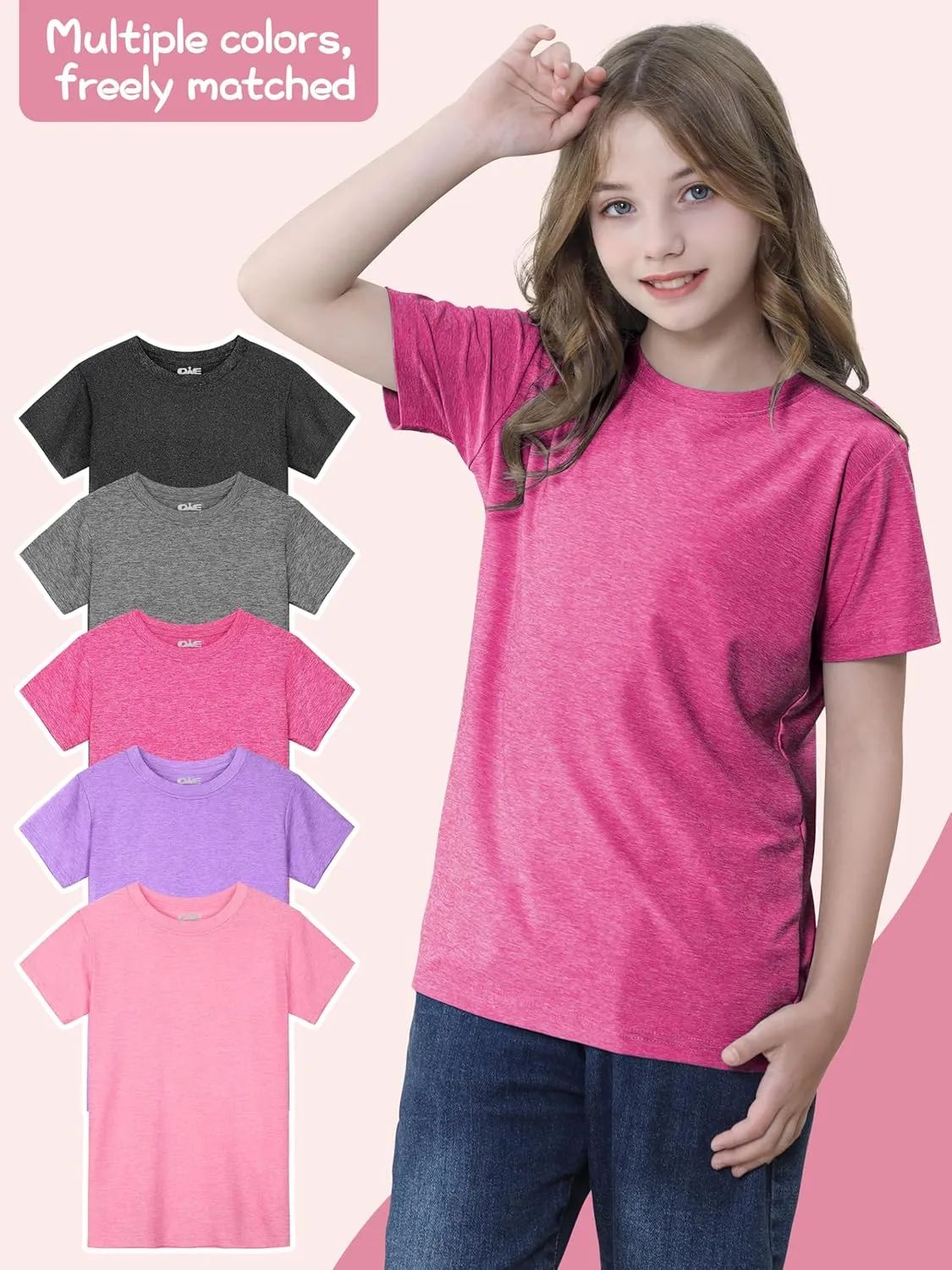 QWE 5 Pack Girls Shirts Athletic Short Sleeve T-Shirts Dry Fit Crew Neck Shirts Tops for Girls Youth Teens 5-18 Years