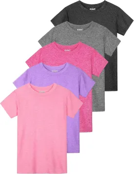 QWE 5 Pack Girls Shirts Athletic Short Sleeve T-Shirts Dry Fit Crew Neck Shirts Tops for Girls Youth Teens 5-18 Years