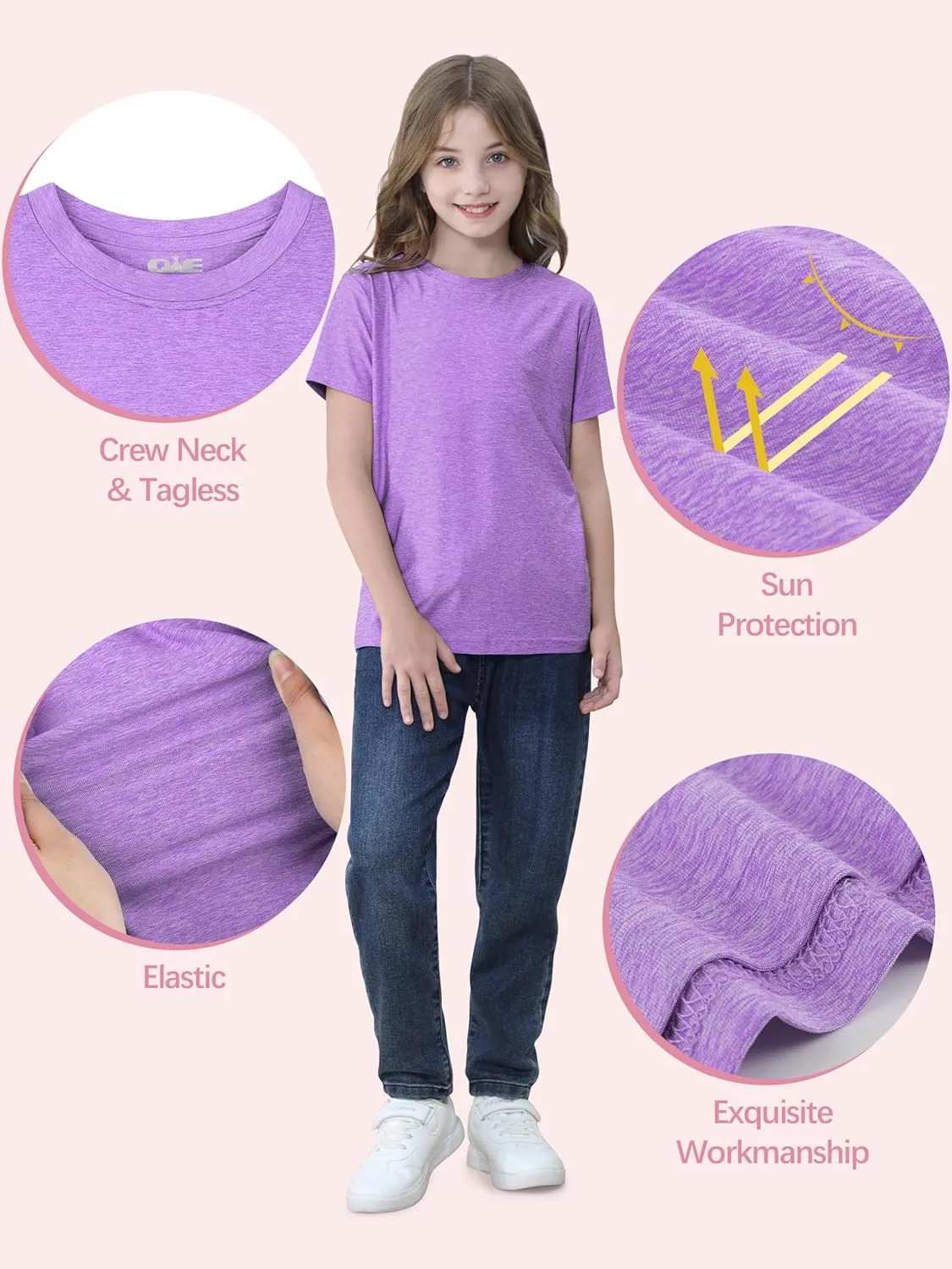QWE 5 Pack Girls Shirts Athletic Short Sleeve T-Shirts Dry Fit Crew Neck Shirts Tops for Girls Youth Teens 5-18 Years