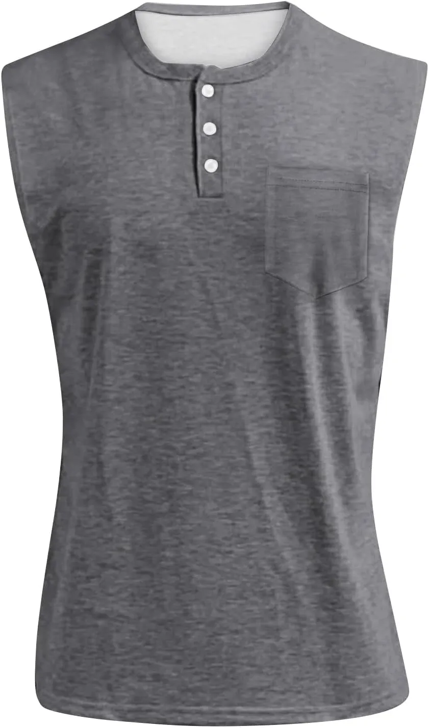 Sleeveless Shirts for Men Henley Neck Big Tall Workout Muscle Tank Tops Summer Relaxed Fit Plain Oversized Tshirts