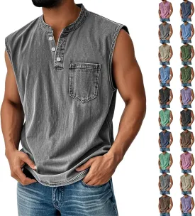 Sleeveless Shirts for Men Henley Neck Big Tall Workout Muscle Tank Tops Summer Relaxed Fit Plain Oversized Tshirts