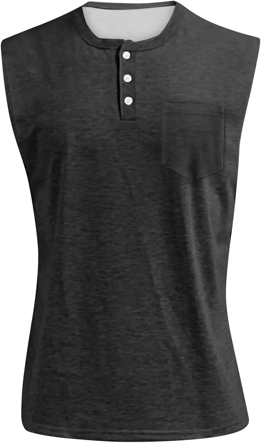 Sleeveless Shirts for Men Henley Neck Big Tall Workout Muscle Tank Tops Summer Relaxed Fit Plain Oversized Tshirts