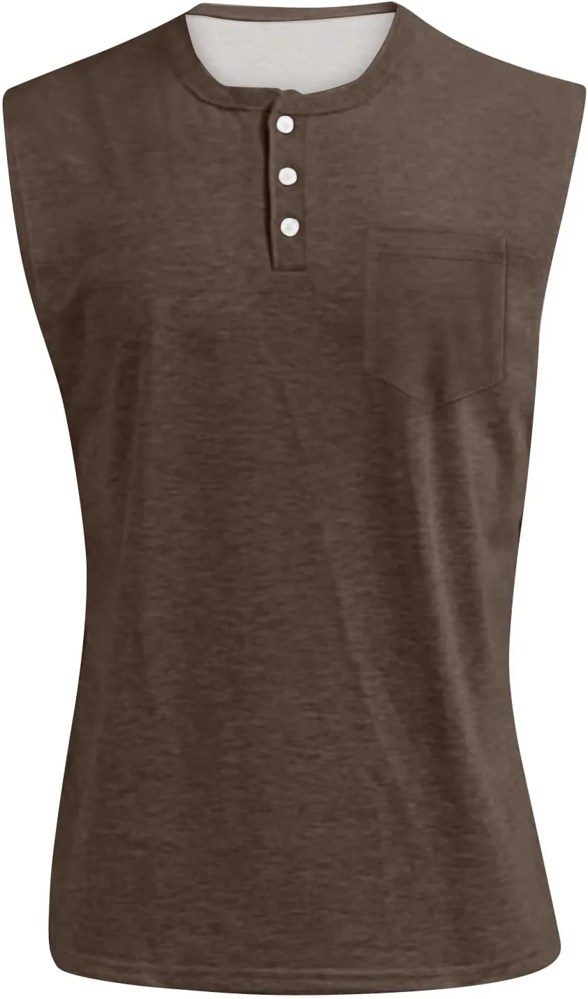 Sleeveless Shirts for Men Henley Neck Big Tall Workout Muscle Tank Tops Summer Relaxed Fit Plain Oversized Tshirts