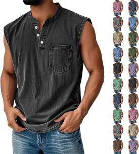 Sleeveless Shirts for Men Henley Neck Big Tall Workout Muscle Tank Tops Summer Relaxed Fit Plain Oversized Tshirts