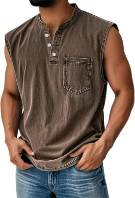 Sleeveless Shirts for Men Henley Neck Big Tall Workout Muscle Tank Tops Summer Relaxed Fit Plain Oversized Tshirts
