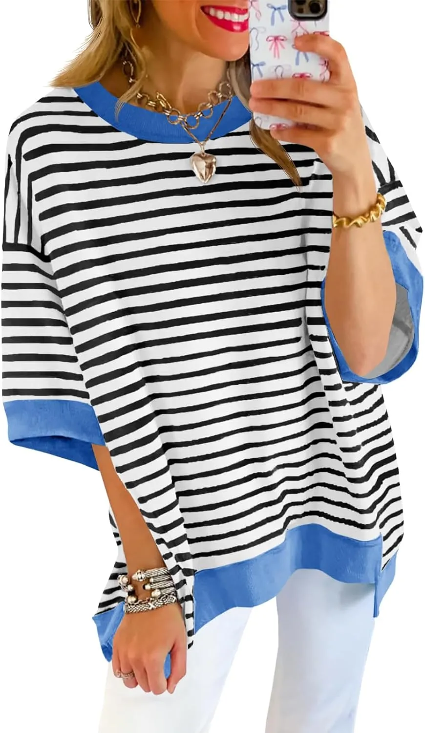 Tankaneo Womens Oversized T Shirts Striped Color Block Cotton Tops Summer Casual Half Sleeve Loose Fit Crewneck Sweatshirts