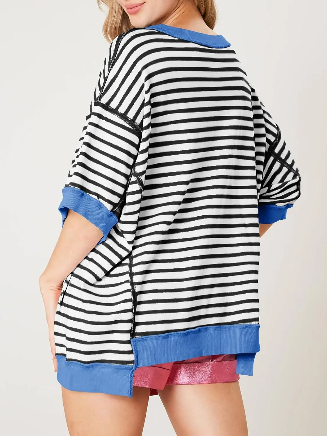 Tankaneo Womens Oversized T Shirts Striped Color Block Cotton Tops Summer Casual Half Sleeve Loose Fit Crewneck Sweatshirts