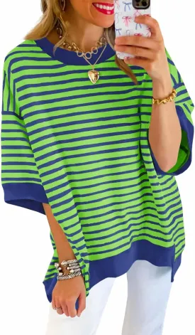 Tankaneo Womens Oversized T Shirts Striped Color Block Cotton Tops Summer Casual Half Sleeve Loose Fit Crewneck Sweatshirts