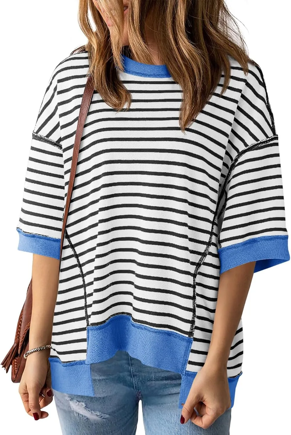 Tankaneo Womens Oversized T Shirts Striped Color Block Cotton Tops Summer Casual Half Sleeve Loose Fit Crewneck Sweatshirts