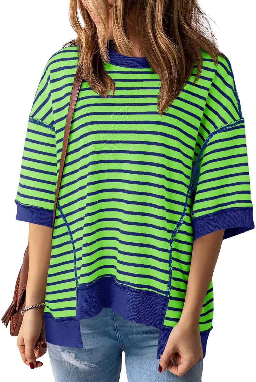 Tankaneo Womens Oversized T Shirts Striped Color Block Cotton Tops Summer Casual Half Sleeve Loose Fit Crewneck Sweatshirts