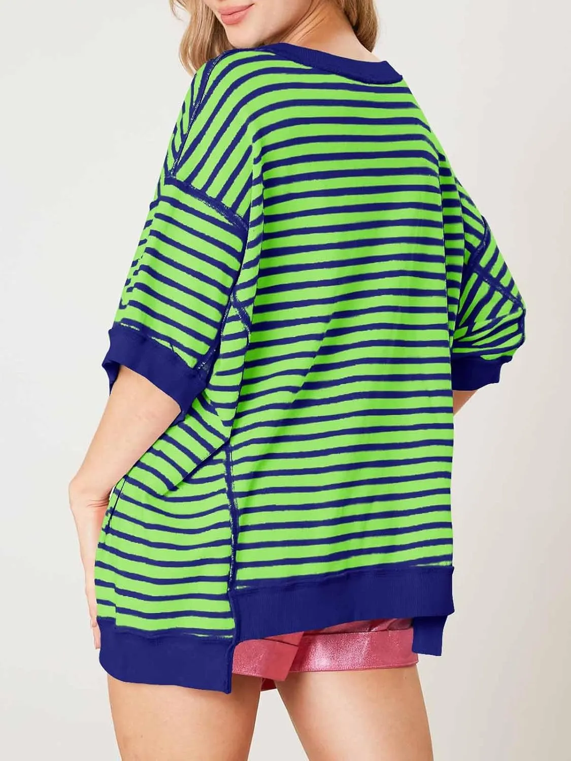 Tankaneo Womens Oversized T Shirts Striped Color Block Cotton Tops Summer Casual Half Sleeve Loose Fit Crewneck Sweatshirts