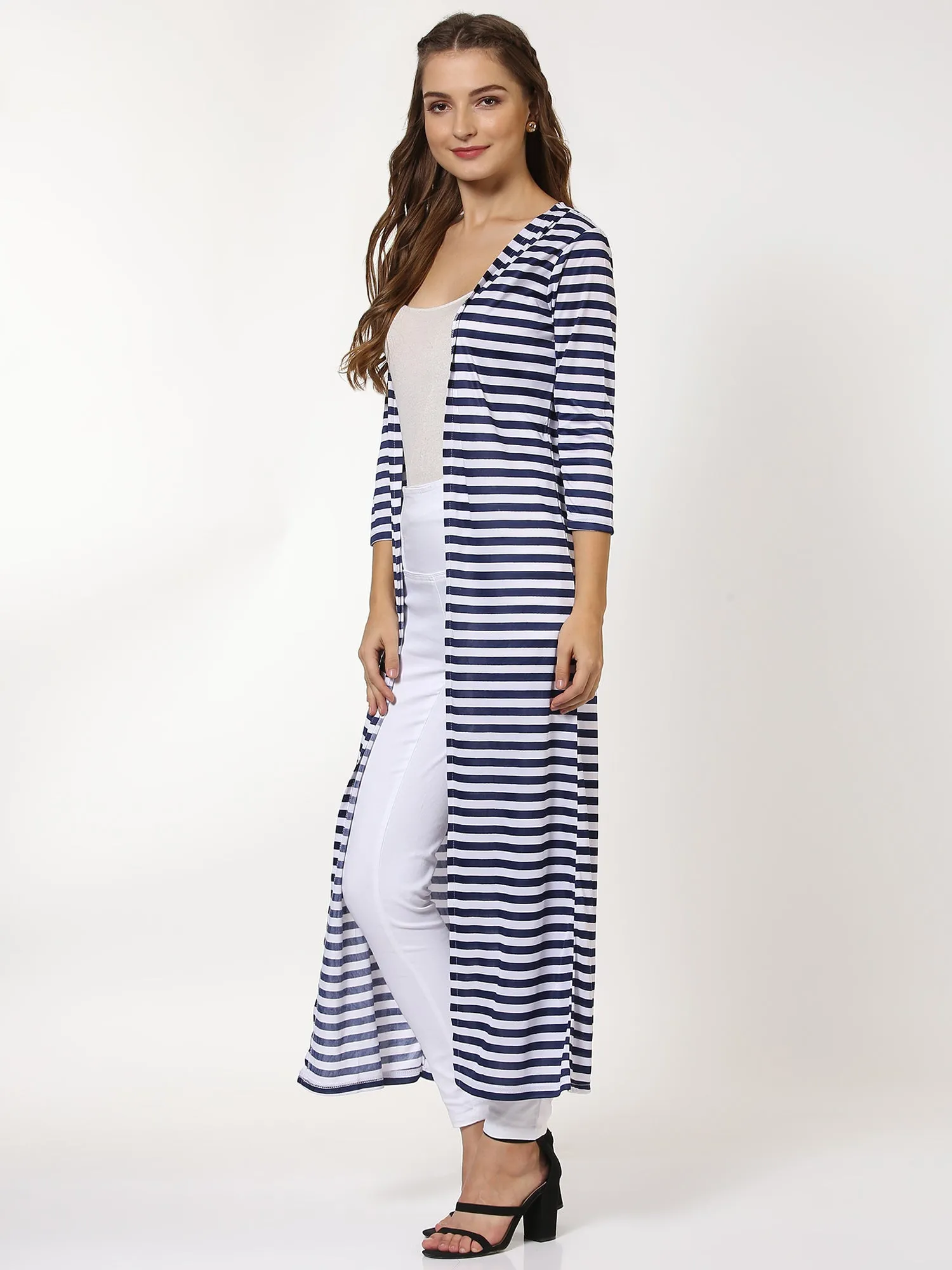 Women Navy Stripes Longline Shrug
