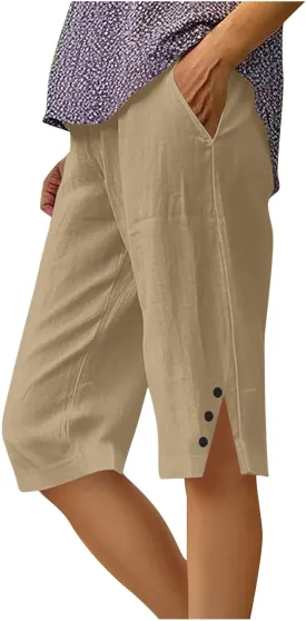 Womens Bermuda Shorts Knee Length Dressy Causal Elastic Waist Buttons Linen Shorts with Pockets Summer Beach Outfits