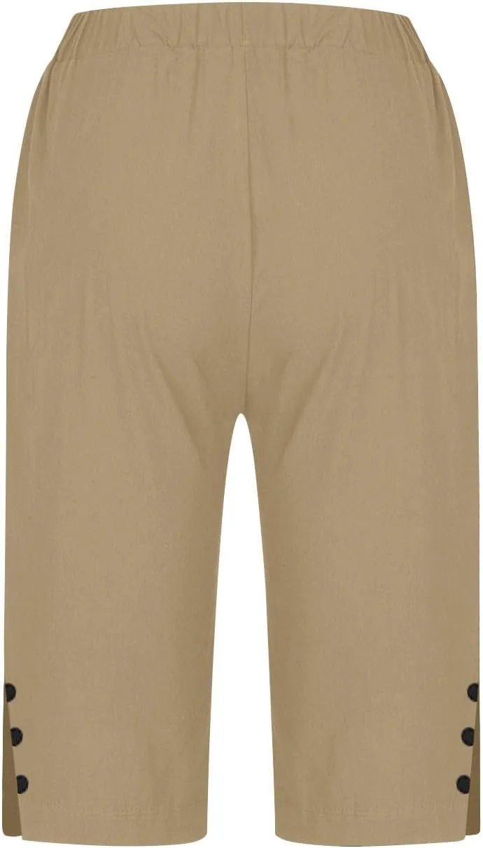 Womens Bermuda Shorts Knee Length Dressy Causal Elastic Waist Buttons Linen Shorts with Pockets Summer Beach Outfits