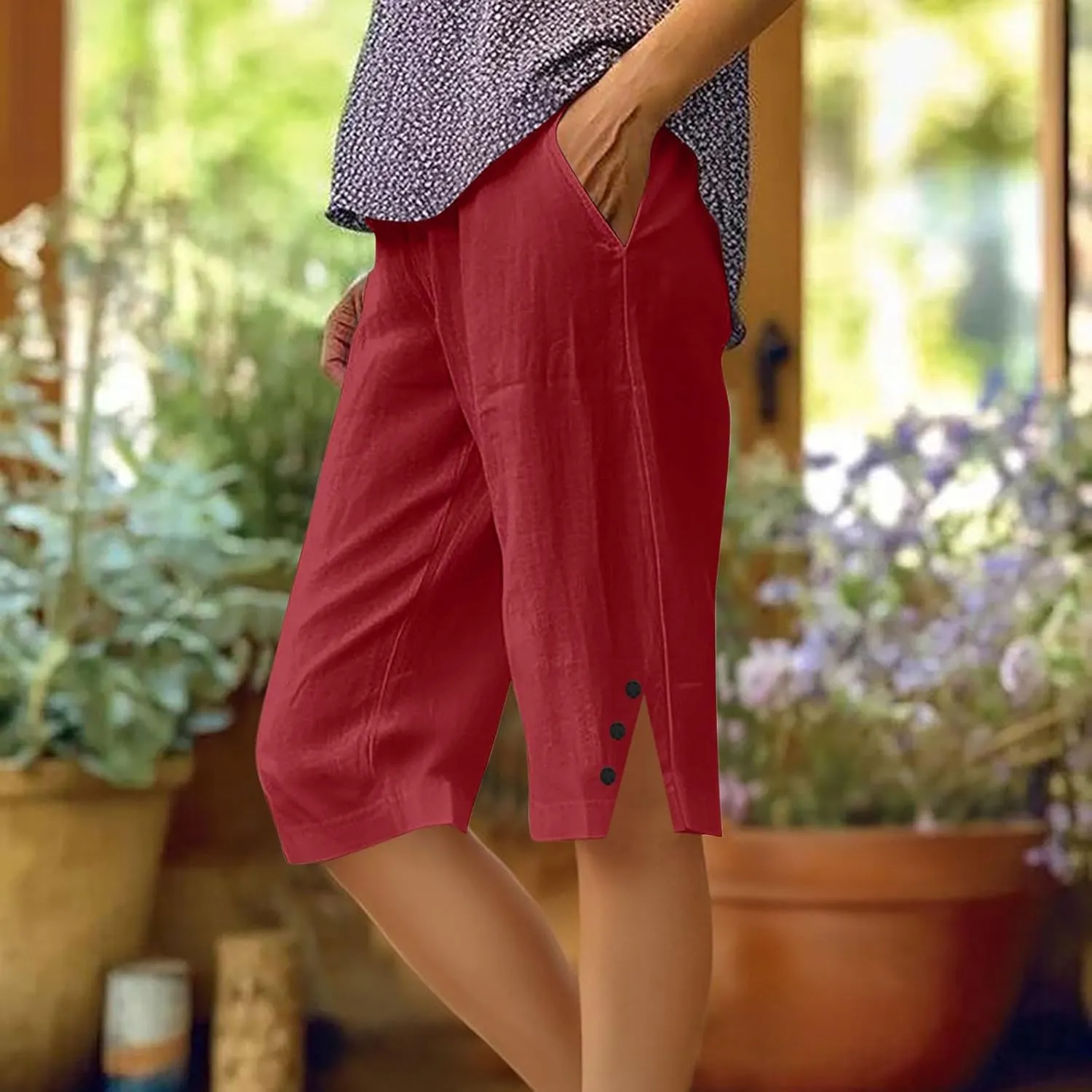 Womens Bermuda Shorts Knee Length Dressy Causal Elastic Waist Buttons Linen Shorts with Pockets Summer Beach Outfits
