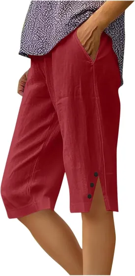 Womens Bermuda Shorts Knee Length Dressy Causal Elastic Waist Buttons Linen Shorts with Pockets Summer Beach Outfits