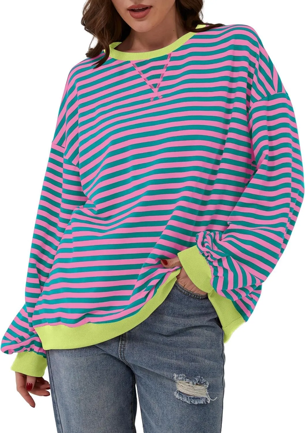 Womens Oversized Striped Sweatshirt Color Block Long Sleeve Shirt Crewneck Pullover Striped Sweater Y2k Clothes