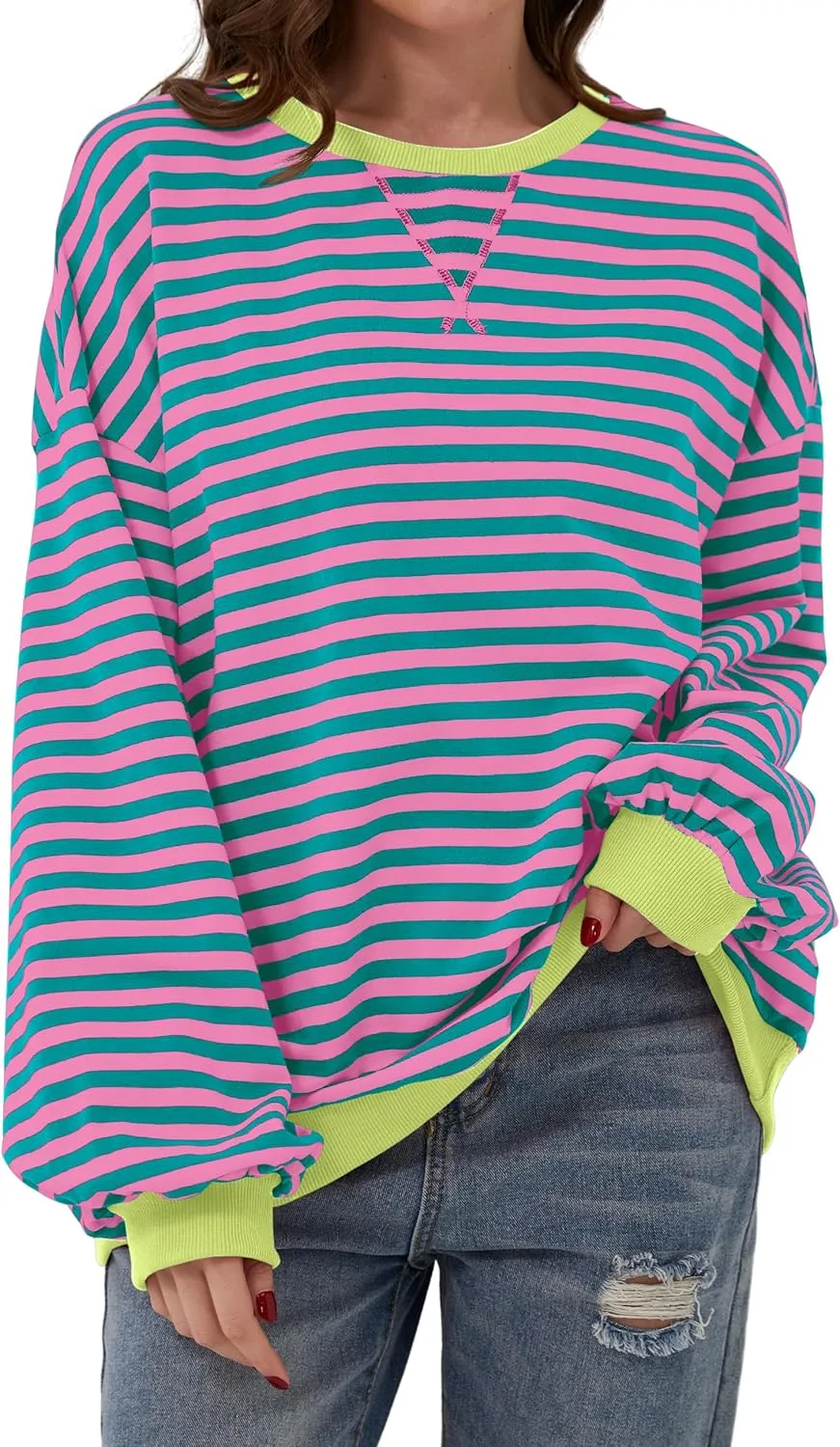 Womens Oversized Striped Sweatshirt Color Block Long Sleeve Shirt Crewneck Pullover Striped Sweater Y2k Clothes