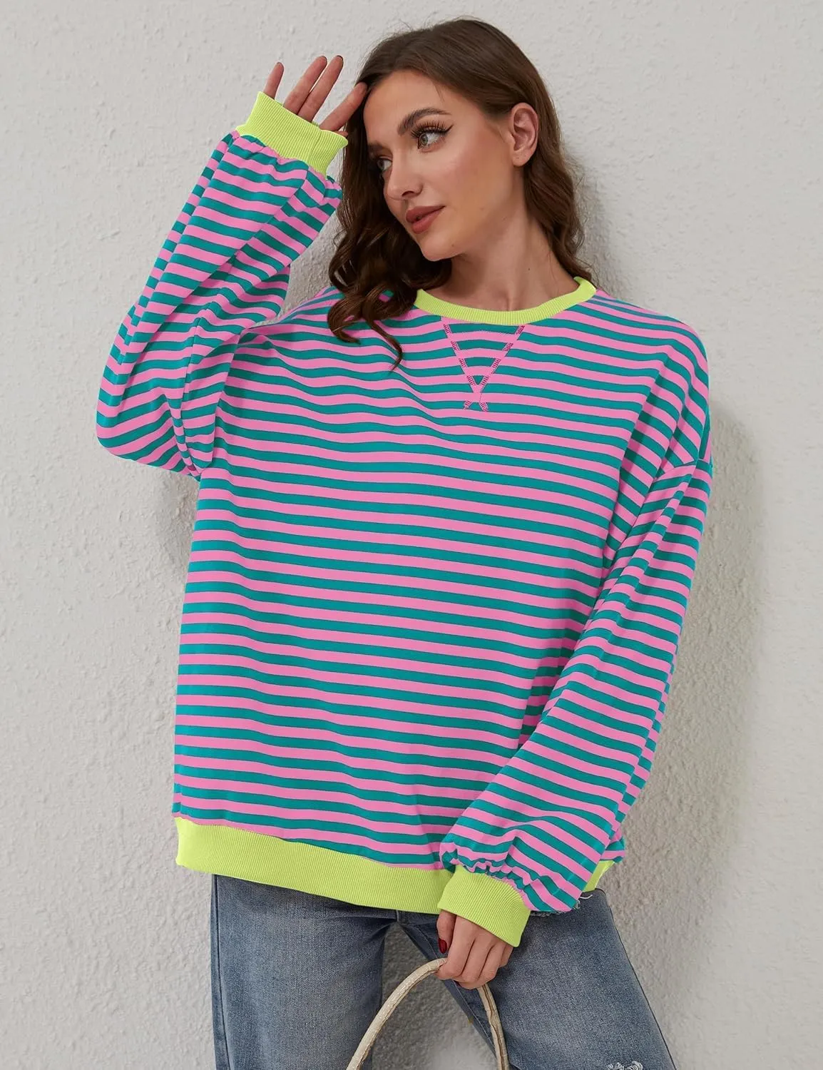 Womens Oversized Striped Sweatshirt Color Block Long Sleeve Shirt Crewneck Pullover Striped Sweater Y2k Clothes