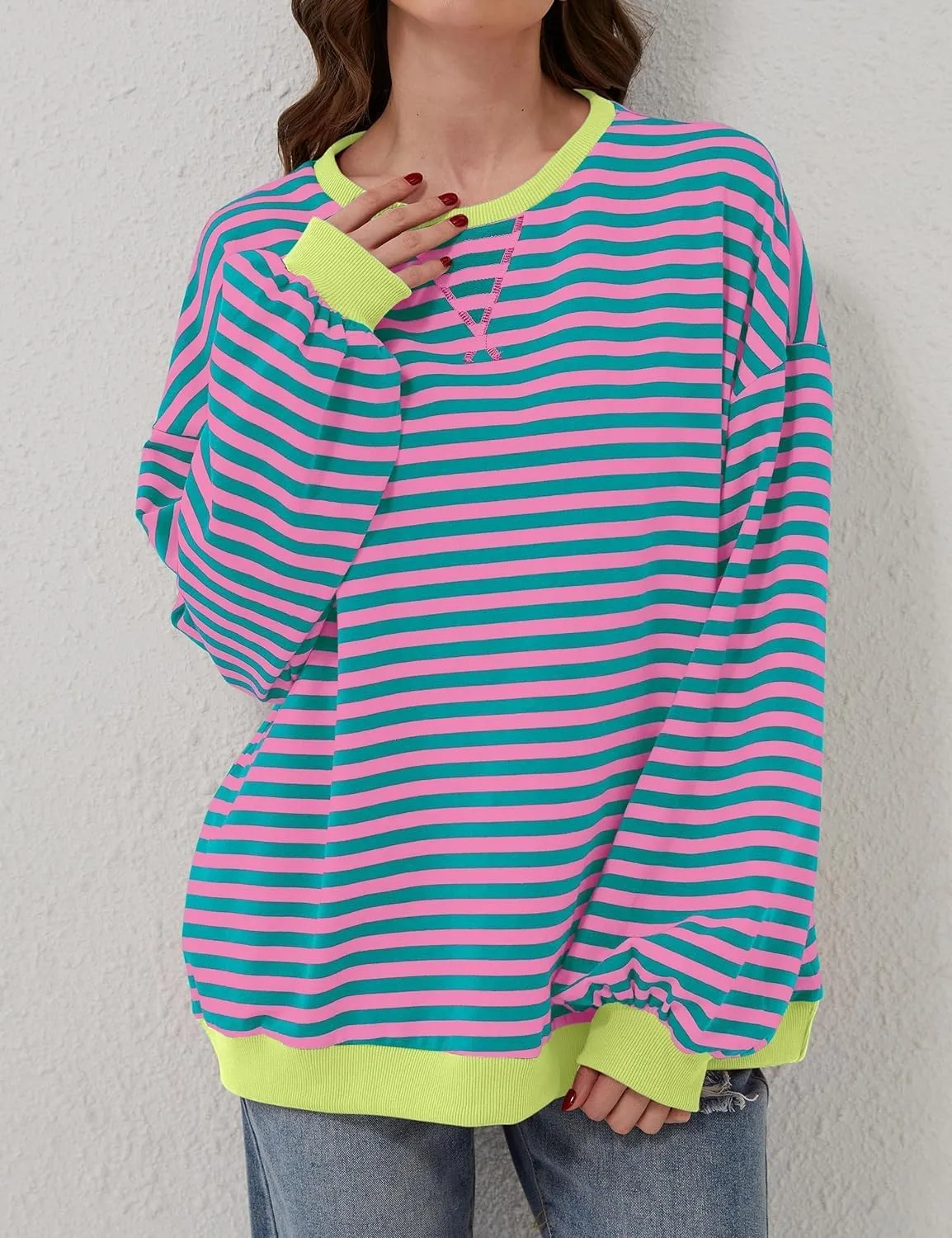 Womens Oversized Striped Sweatshirt Color Block Long Sleeve Shirt Crewneck Pullover Striped Sweater Y2k Clothes