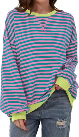 Womens Oversized Striped Sweatshirt Color Block Long Sleeve Shirt Crewneck Pullover Striped Sweater Y2k Clothes